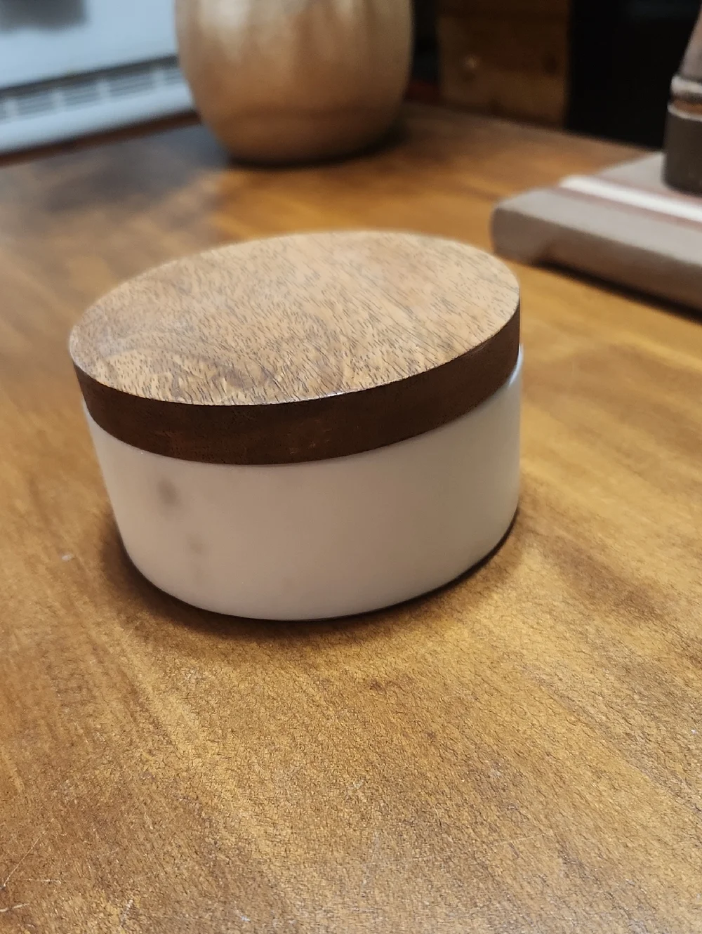 Threshold Marble&wood Salt Cellar with wooden lid.